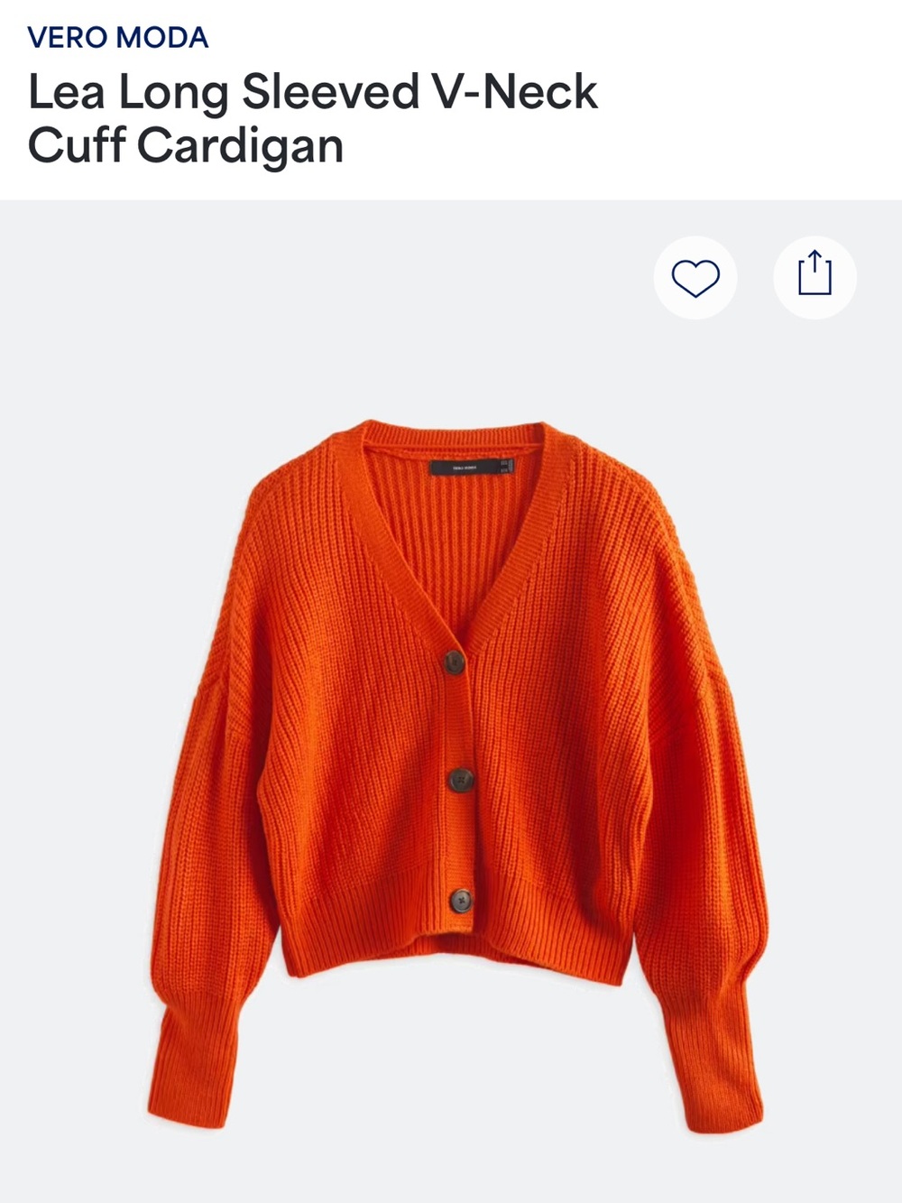 Vero Moda Orange Ribbed V-Neck Button Cardigan